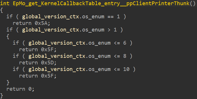 Figure 9: Using OS version enum to query for the ppClientPrinterThunk callback index.