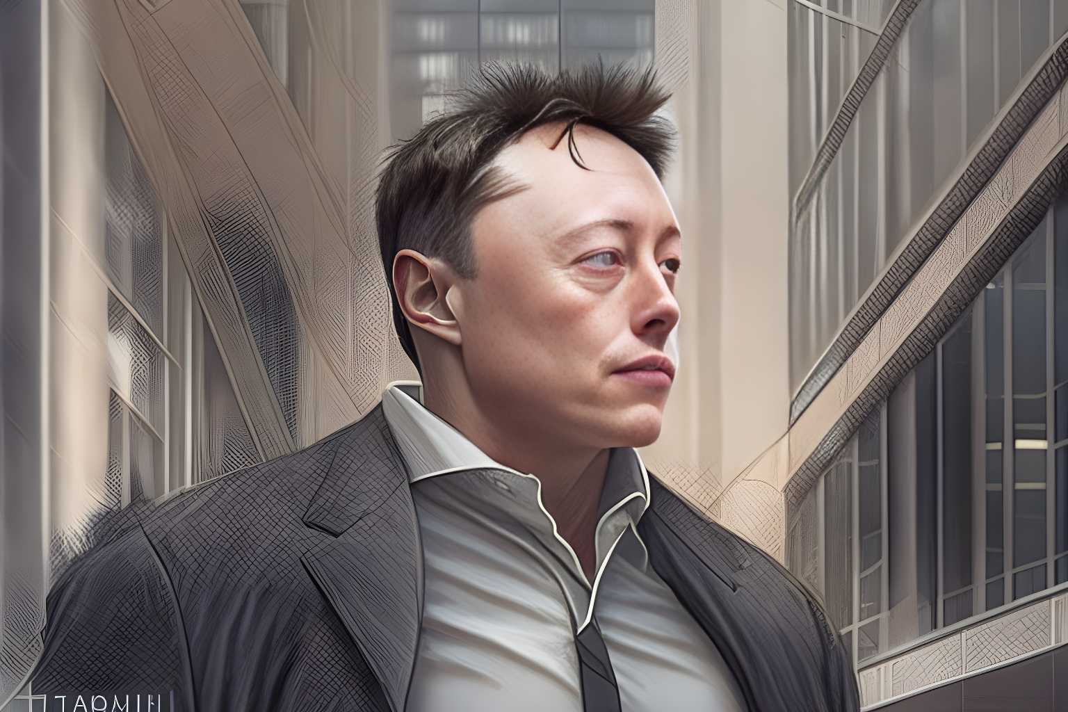 (elon musk: 3) leaving a tall building, clear face