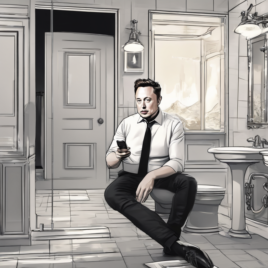 Elon Musk furiously tweeting from his bathroom, angry elon musk face