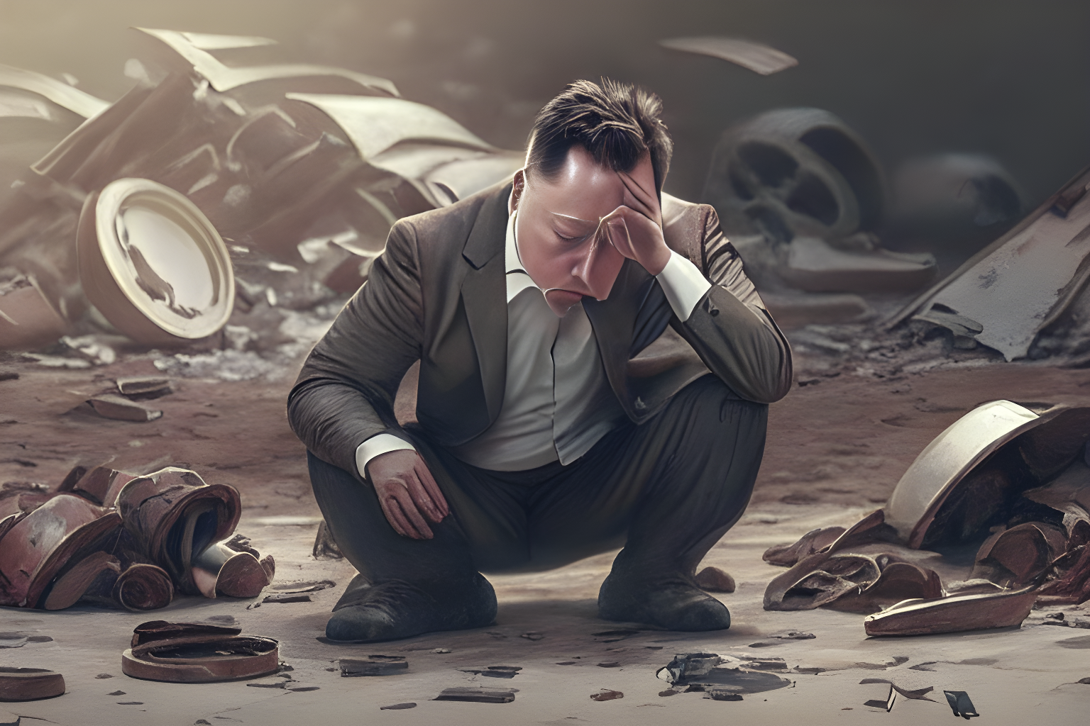 elon musk on his knees looking at the remains of his company