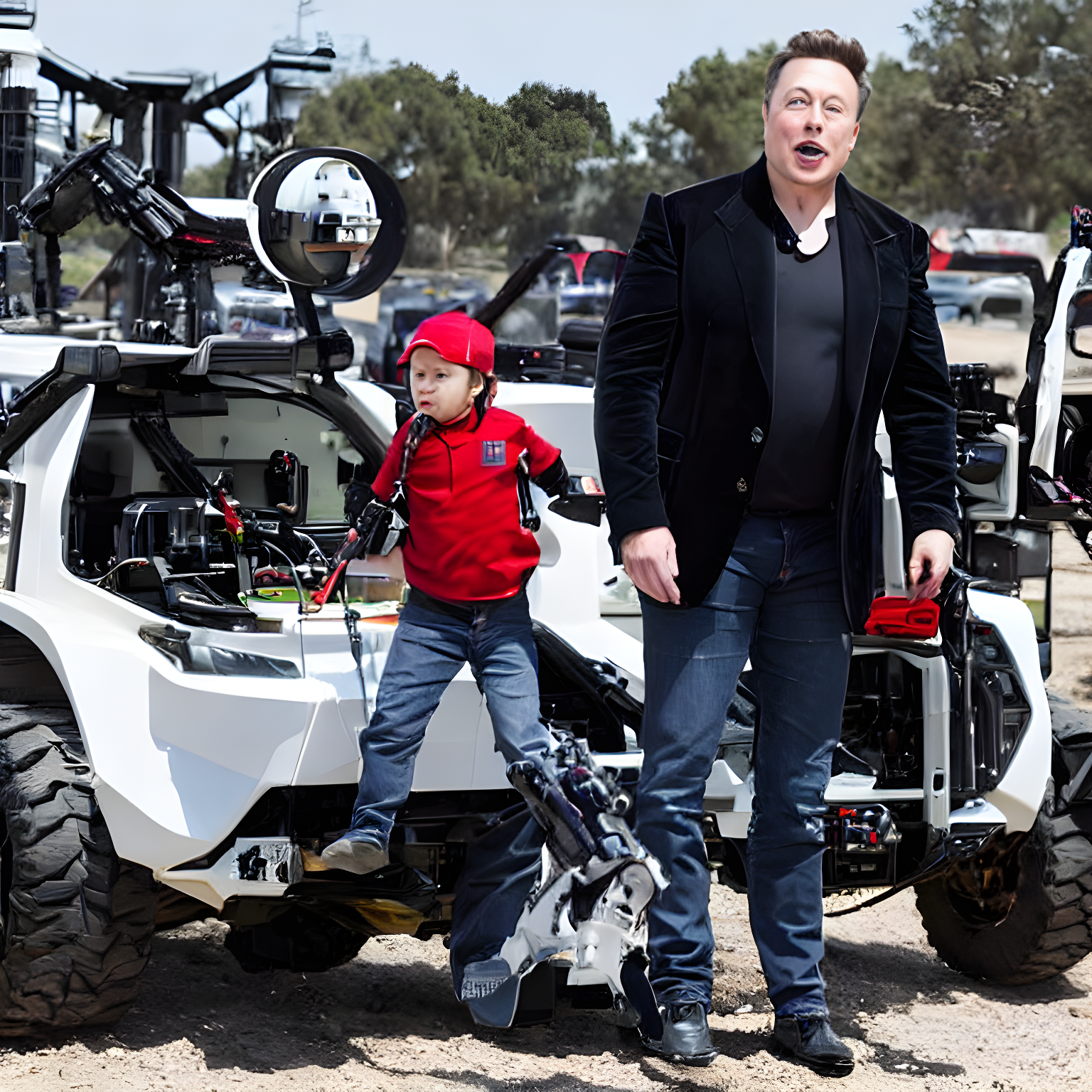 Elon Musk, Shouting, Holding Guns, Fighting Robots