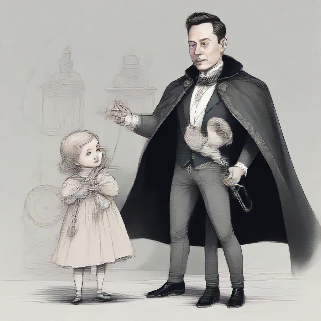 Elon Musk wearing a cape and a monocle and holding the end of a watch chain and swinging a pocketwatch before the eyes of his little sister