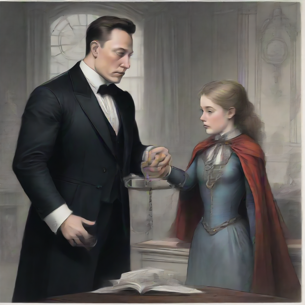 elon musk wearing a cape and a monocle holding the end of a watchchain connected to a pocket watch and swinging the watch before the eyes of a 10 year old girl