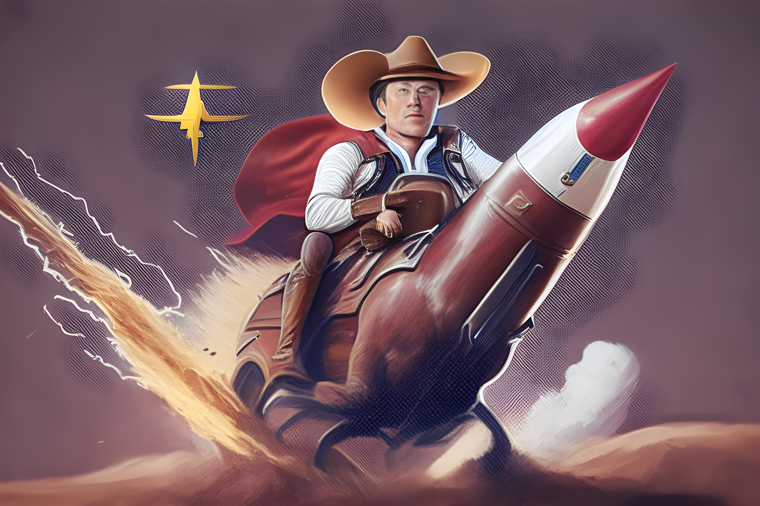 Elon Musk Wearing a Cowboy Hat, Riding a Rocket Like a Rodeo, Large Twitter Logo in the background