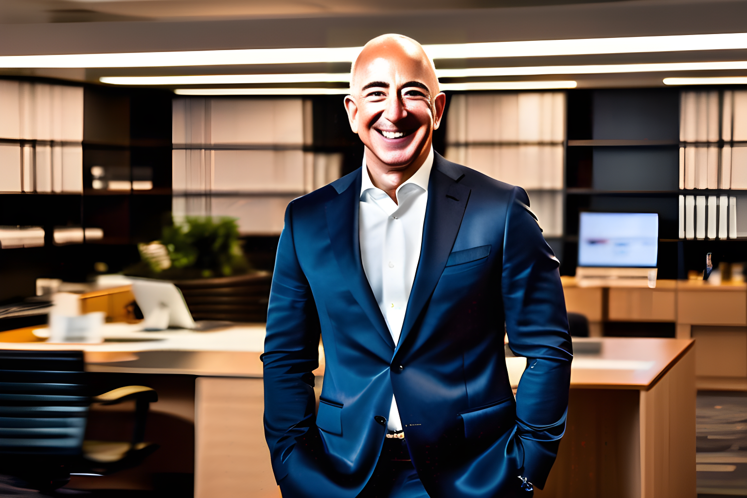 evil jeff bezos laughing in his office