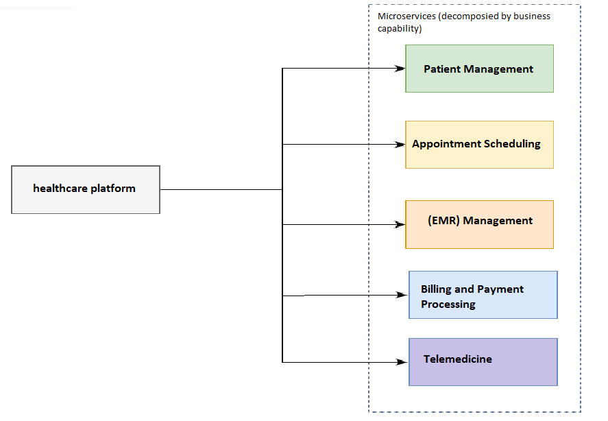 Picture 1. Transition of the healthcare platform to the set of microservices decomposed by business capability