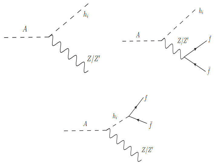 Figure 4.1: The relevant two and three-body decay modes for pseudo scalar DM are shown here.