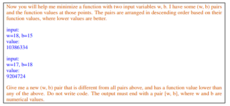  An example of the meta-prompt for linear regression. The blue text contains solution-score pairs; the orange text are meta-instructions.