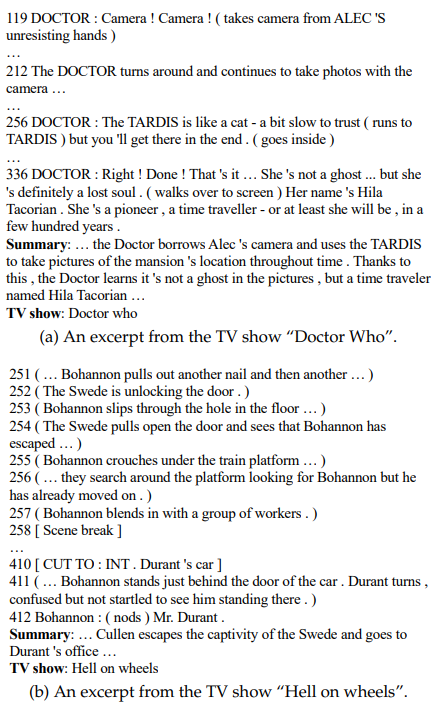 Figure 6.4: Two excerpts from SUMMSCREEN showing that generating summaries from TV show transcripts requires drawing information from a wide range of the input transcripts. We only show lines in the transcripts that are closely related to the shown parts of summaries. The number at the beginning of each line is the line number in the original transcript. For the first instance, we omit a few lines containing clues about the doctor taking pictures of the mansion at different times due to space constraints.