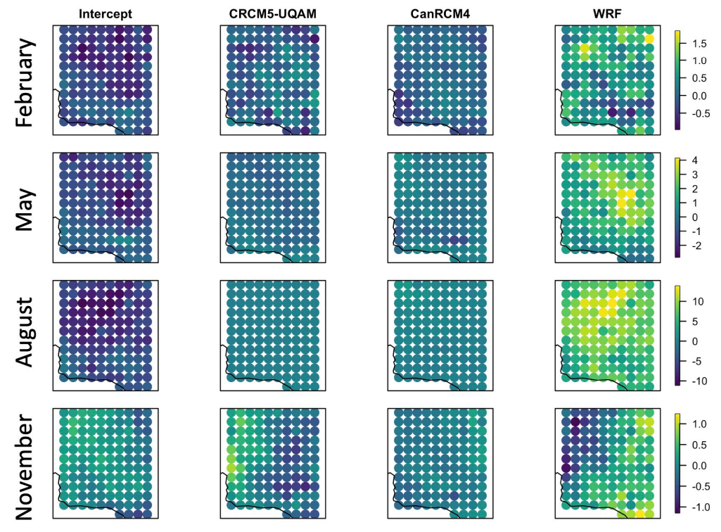 Figure 3. Average bias by location between the naive regridding estimate and the median of all posterior distributions for February, May, August, and November, top to bottom, respectively.