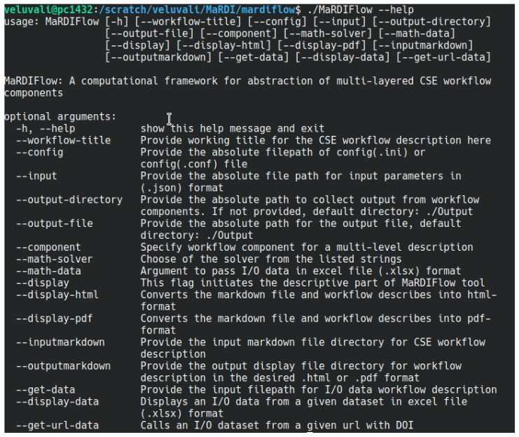 Figure 3: A screenshot illustrating the help message of our RDM tool, MaRDIFlow.