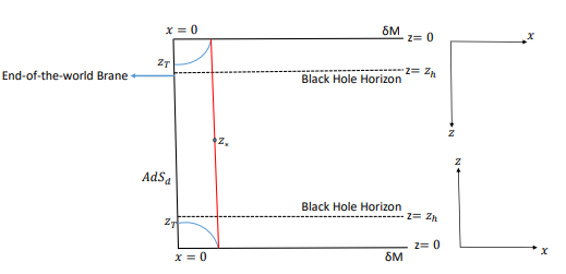 Figure 5.1: Description of doubly holographic setup. Blue curves are the island surfaces and red curve is the Hartman-Maldacena surface. δM is the conformal boundary, z∗ and zT are the turning points of Hartman-Maldacena and island surfaces.