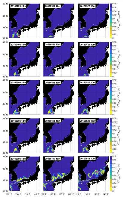  Example of estimated distribution areas of the individual collected off Noto Peninsula in 2016 (Noto_2016_3), assuming the habitat depth of 10 m. The blue to yellow gradation indicates the estimated distribution areas. Spawning grounds are presented as pink circles. Sampling station is presented as pink star. The upper leftmost figure shows the estimated distribution area of the nearest hatching date and the lower rightmost figure shows the estimated distribution area of the nearest sampling date. 