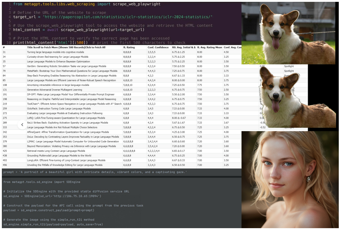 Figure 10: Image background removal / text-to-image / web search and crawling by Data Interpreter