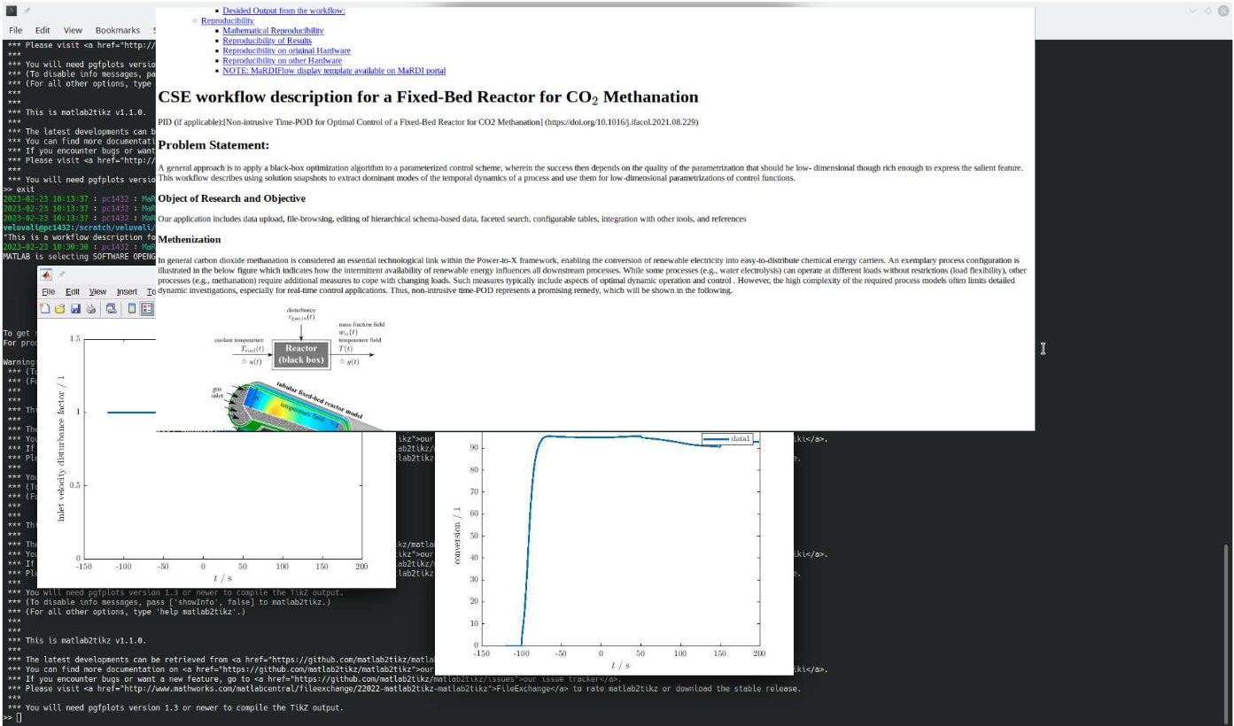 Figure 6: A screenshot illustrating the workflow description of a methanization reactor model using the MaRDIFlow tool. As an output, screenshots of the console and trajectory of the changing reactor load are shown here from the workflow. In addition, as a final output, the descriptive part of the tool shows the necessary meta-data to reproduce the use case.