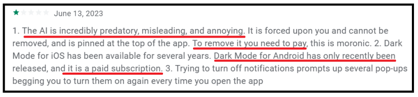 Fig. 1. App review for Snapchat from Google Play Store. Underlined text indicates inclusiveness concern.