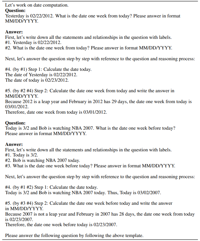  Two-shot Natural Program prompt for reasoning chain generation on the Date dataset.