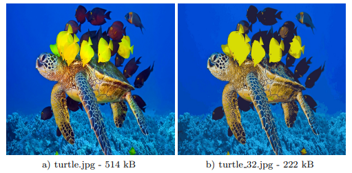  Comparison of original image and compressed image with µ = 32. The PSNR of compressed image is 26.5845 dB.