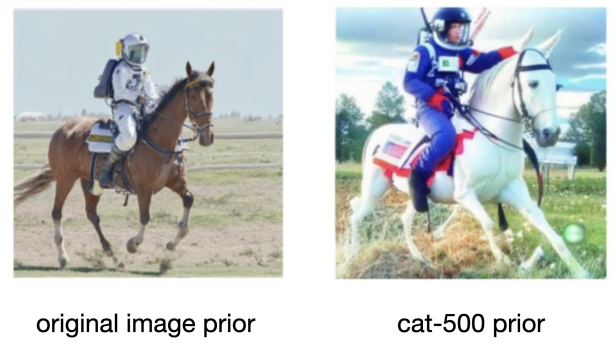 Figure 5: Image generation results with prompt "astronaut riding a horse" for original image prior and linear prior trained on 500 pairs of images with cats.