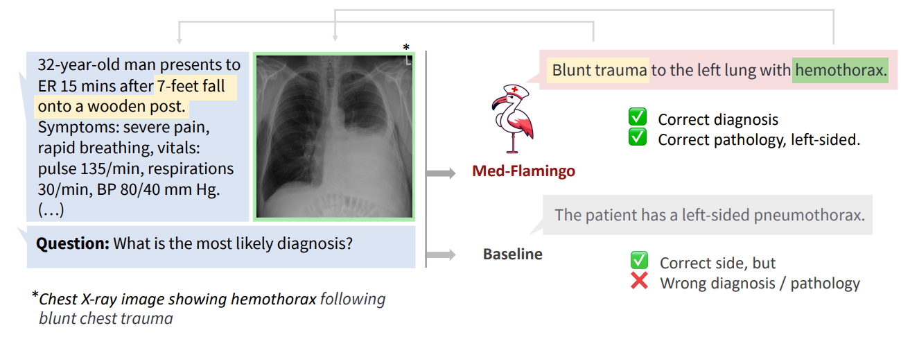 Figure 1: Example of how Med-Flamingo answers complex multimodal medical questions by generating open-ended responses conditioned on textual and visual information.