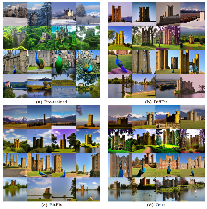 Fig. 9: Images sampled from Stable Diffusion [49] checkpoints fine-tuned with different approaches. The text prompts used to generate images from top to bottom are: “The <castle> stands against a backdrop of snow-capped mountains”, “A <castle> surrounded by a lush, vibrant forest”, “A peacock in front of the <castle>”, and ‘The <castle> overlooks a serene lake, where a family of geese swims”.