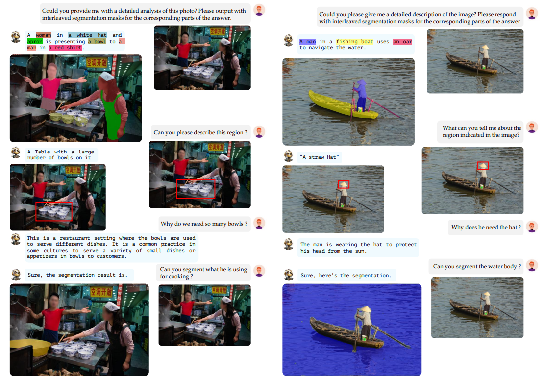 Figure 11. Multimodal conversational interactions facilitated by GLaMM. The figure showcases GLaMM engaging in multi-turn dialogues, providing detailed descriptions, addressing region-specific inquiries, and presenting grounded conversations. This effectively highlights its adaptability in intricate visual-language interactions and robustly retaining reasoning capabilities inherent to LLMs.