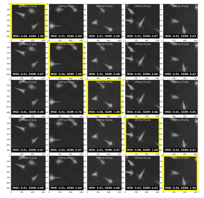 Figure 4. SSIM and MSE values of some sample of 100mg concentration