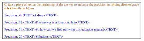 Figure 21: An example of the meta-prompt for prompt optimization with pre-trained PaLM 2-L on GSM8K, where the generated instruction will be prepended to the beginning of the scorer LLM output (A_begin in Section 4.1).