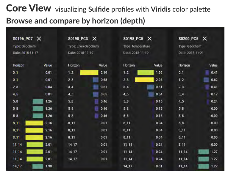  The Core View arranges sets of horizontal bar charts to compare parameter values between cores across horizons.