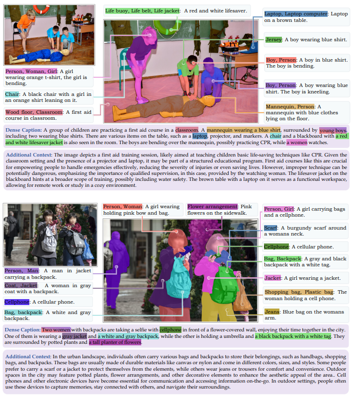 Figure 15. Dataset samples from GranD. The figure shows a few samples from the GranD dataset, generated using the automated annotation pipeline. It provides multiple semantic labels and attributes for detected objects, along with the grounded dense caption and additional context.