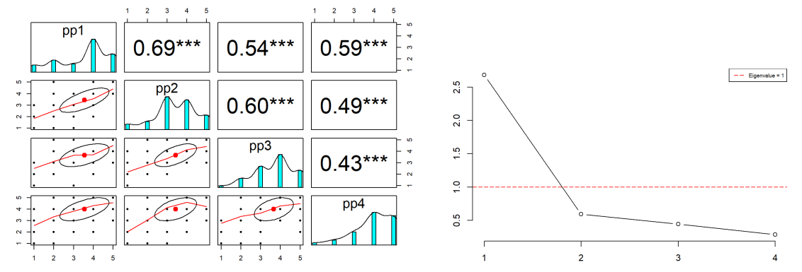 Figure 12 Pearson correlations and scree plot of pp scale items