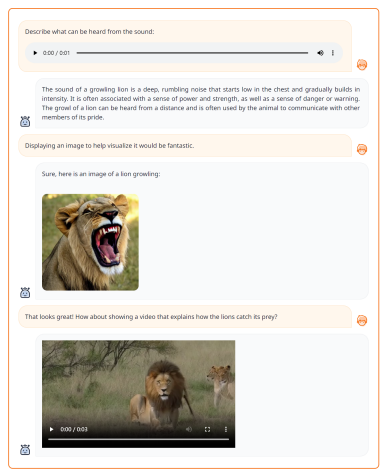 Figure 10: Example of Text+Audio → Text+Image+Video.