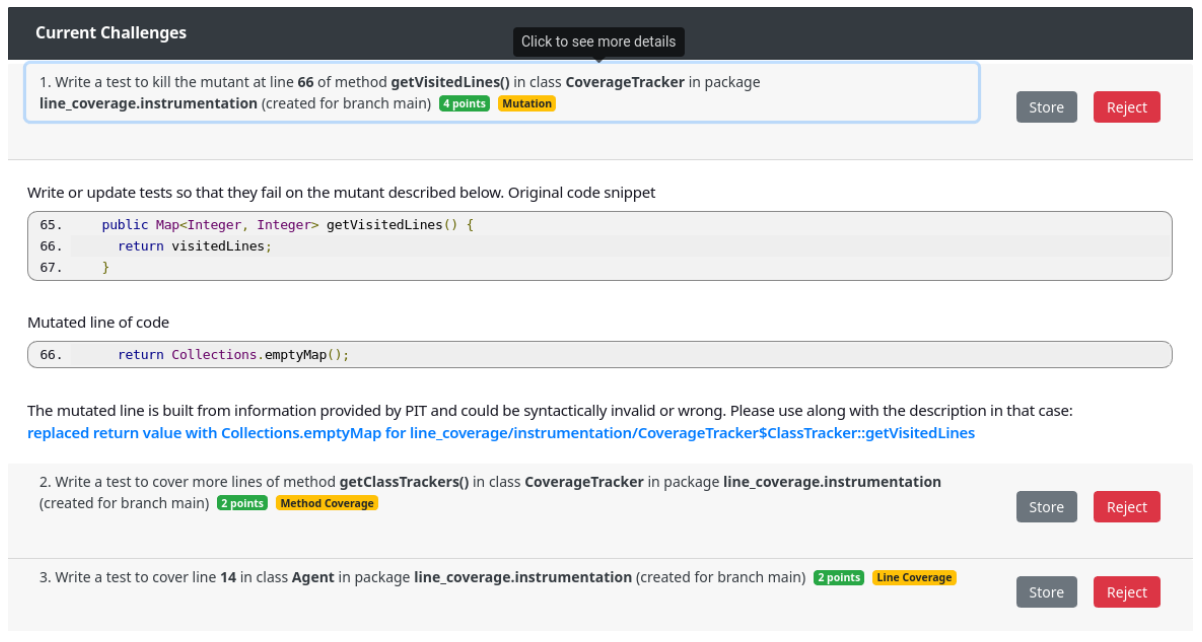  This overview highlights the current challenges, including a Line Coverage, a Method Coverage, and a Mutation Challenge. The Mutation Challenge is further explained with a code snippet, the mutated line of code, and a description.