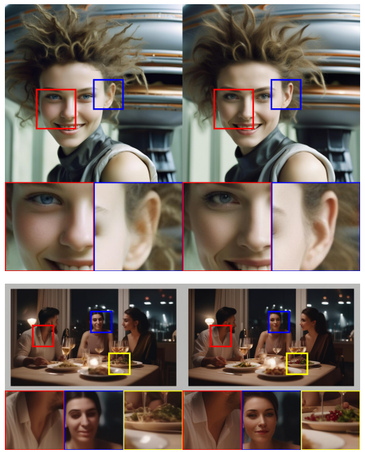 Figure 13: SDXL samples (with zoom-ins) without (left) and with (right) the refinement model discussed. Prompt: (top) “close up headshot, futuristic young woman, wild hair sly smile in front of gigantic UFO, dslr, sharp focus, dynamic composition” (bottom) “Three people having dinner at a table at new years eve, cinematic shot, 8k”. Zoom-in for details.