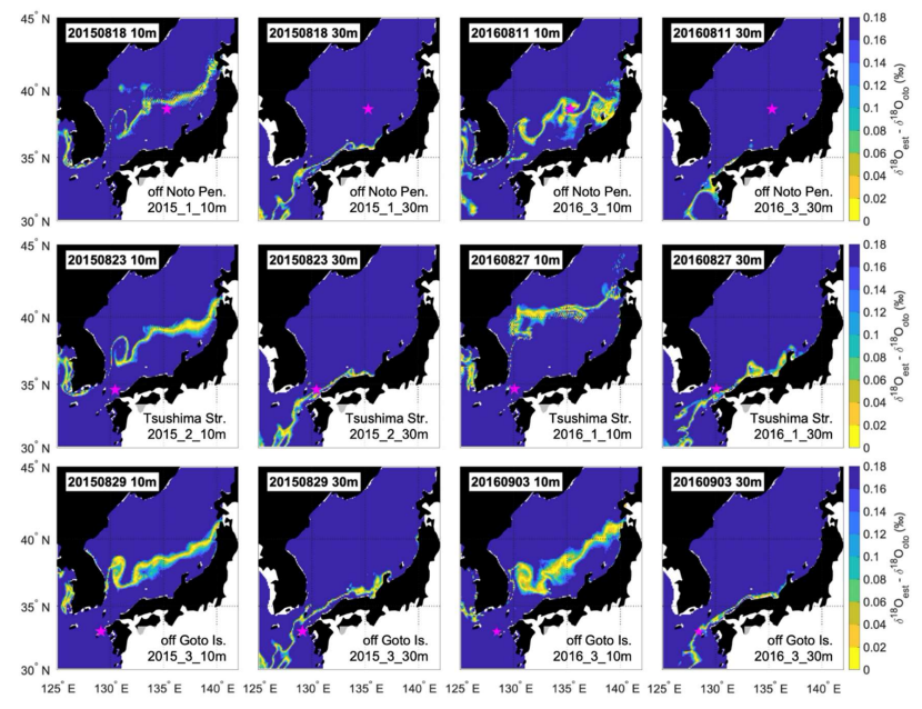  The estimated distribution areas nearest to the date of sampling, calculated at depths of 10 and 30 m for one representative individual from each sampling area and year. Sample ID and calculated water depth are shown in the lower right corner of each panel. The upper row shows the result of off Noto Peninsula, the middle row shows Tsushima Strait, and the lower row shows off Goto Islands. The left two columns show the estimated distribution areas for individuals sampled in 2016, and the right two columns show the estimated distribution areas for individuals sampled in 2015. 