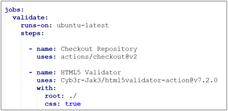 Figure 2: A partial implementation of the YAML file automating the HTML validator.