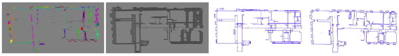 Fig. 15. First: DBSCAN clustering results for a model from Matterport3D. Second: plane-fitted flat walls. Third: drafting-style floor plan. Fourth: pen-and-ink floor plan.