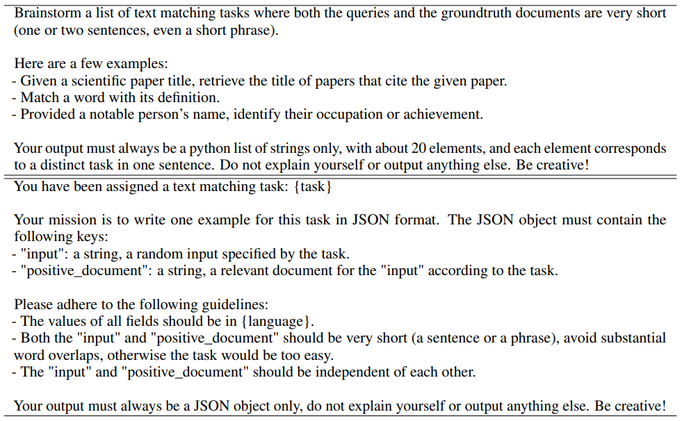 Table 9: Prompt template for the short-short matching subgroup. We do not generate negative documents as the matching task is already reasonably difficult.