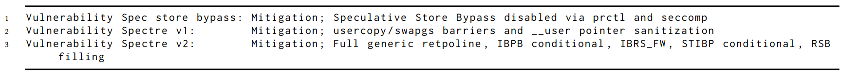 Figure 5: Spectre mitigations enabled in the host and guest kernel during the Spectre tests. This setup is recommended by AWS for host production systems [8].