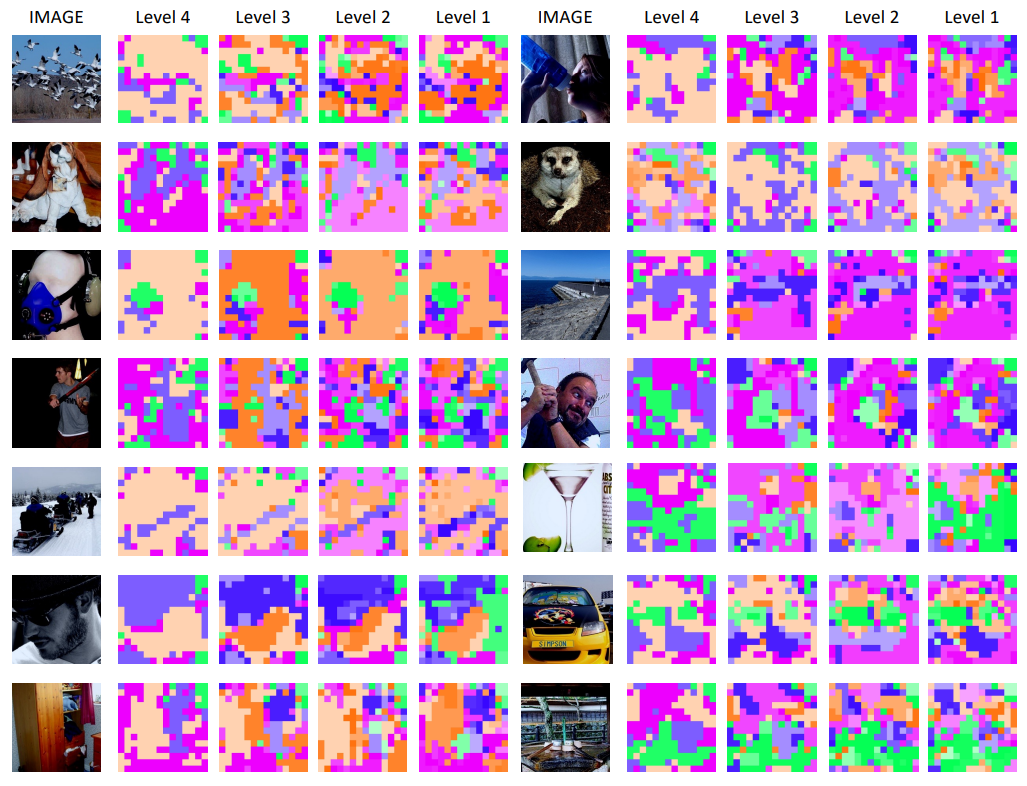 Figure 8. Visualization of visual hierarchy trees decomposed by Hi-Mapper(ENB4) trained on ImageNet-1K [36] with classification objective. The same color family represents the same subtree.