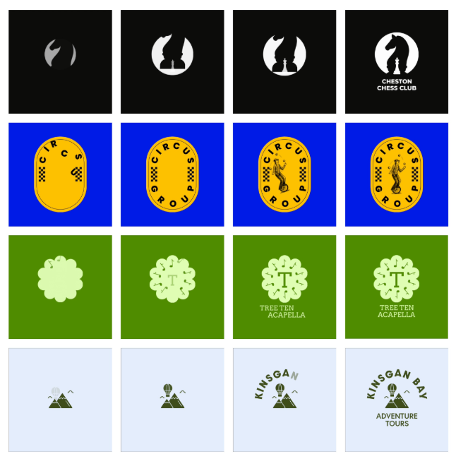 Figure 5: Examples of LogoMotion-generated logo animations. These animations show how LogoMotion is able to create motion that is characteristic of the design elements, layout-aware, and logically sequenced.
