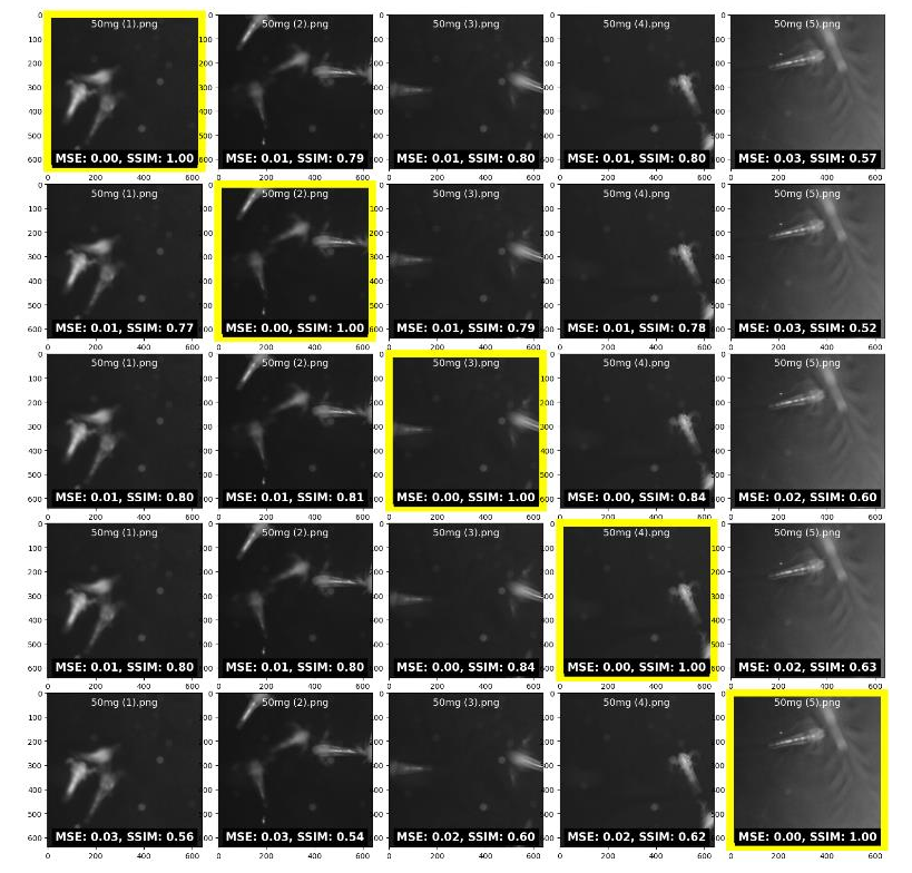 Figure 3. SSIM and MSE values of some sample of 50mg concentration