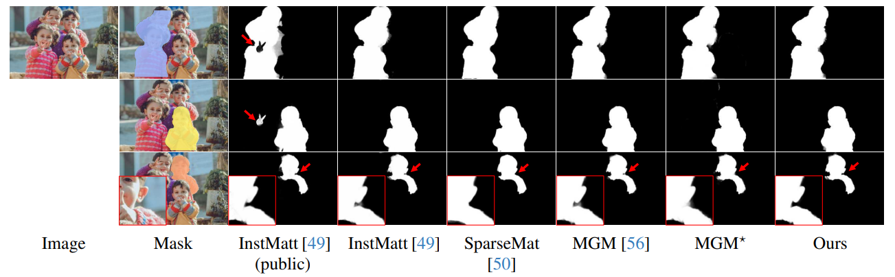 Figure 17. Our solution works correctly with multi-instance mask guidances. When multiple instances exist in one guidance mask, we still produce the correct union alpha matte for those instances. Red arrow indicates the errors or the zoom-in region in red box. (Best viewed in color and digital zoom).