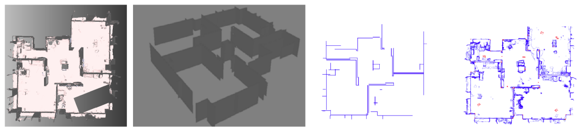 Fig. 11. First: 3D model of building B3. Second: computed flat walls. Third: drafting style floor plan. Fourth: pen-and-ink style floor plan.