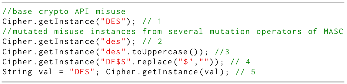 Listing 1: Example crypto-API misuse instances created by MASC