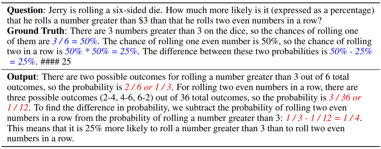  An example question from GSM8K with a generated CoT reasoning path with GPT3.5 (turbo), where the output provides a wrong reasoning chain with the correct answer.