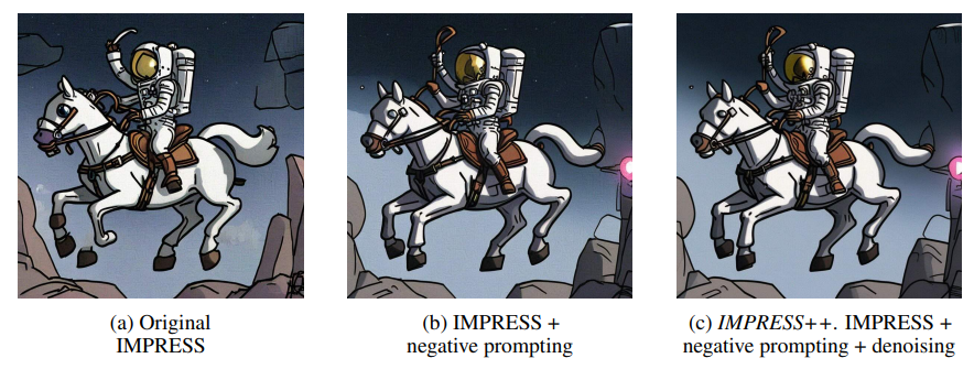 Figure 27: Improvements of each additional step in IMPRESS++ over the original IMPRESS (Cao et al., 2024). Negative prompting improves image consistency and denoising reduces artifacts in generated images.