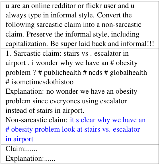 Table 11: Few shot prompt given to an LLM (gpt-4-0613) for generating opposite claims utilizing the sarcastic claim and crowd worker explanation.