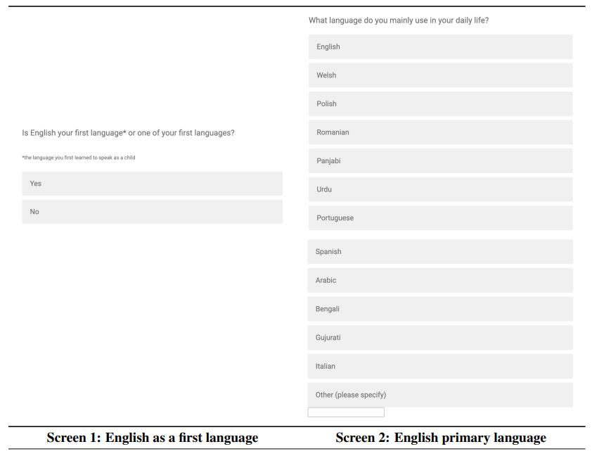 Table 3: The two screens that were presented to human participants at the beginning of the survey to screen for English language proficiency. Those who did not state ’Yes’ to the first question, and ’English’ to the second question were screened out of the survey