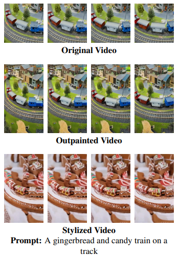  Example of zero-shot video editing via task chaining (outpainting and stylization) – the original video is first outpainted and then stylized via a text prompt.